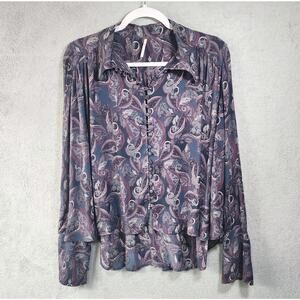 Free People Modern Muse Paisley Top Blouse Purple Button Front Womens Sz Small